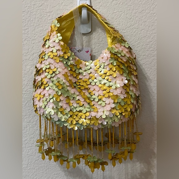 Beaded Floral Yellow and Green Handbag with Dynamic Design